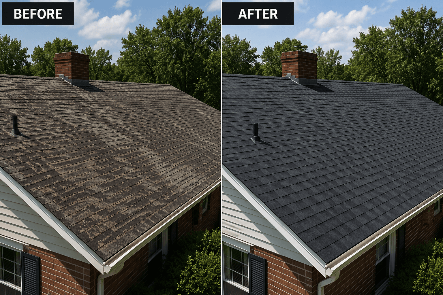 Before and after - Full Roof Replacement in Overland Park, KS
